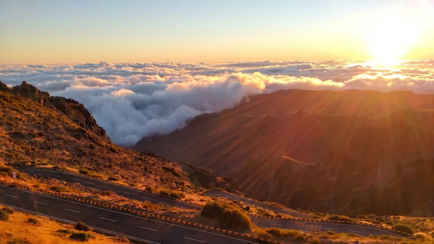 Sunrise at 1,818 metres, with the ridge to Pico Ruivo cutting through the cloud sea. Arrive 45 minutes early: the viewpoints are a few minutes' walk from the car park.