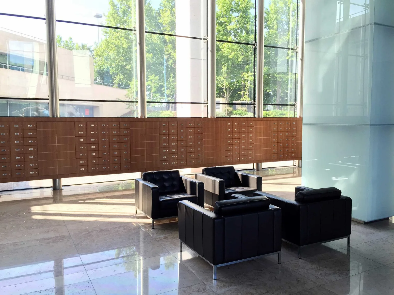 Building lobby with mailboxes and seating