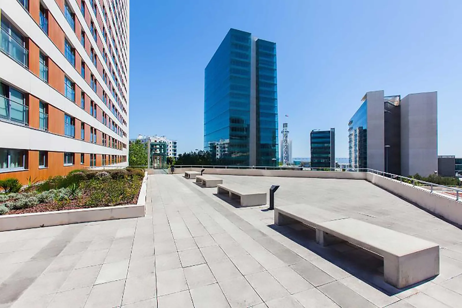 Building terrace with city skyline