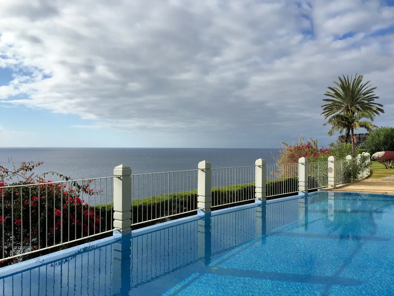 Pool with ocean view, bougainvillea and palm trees