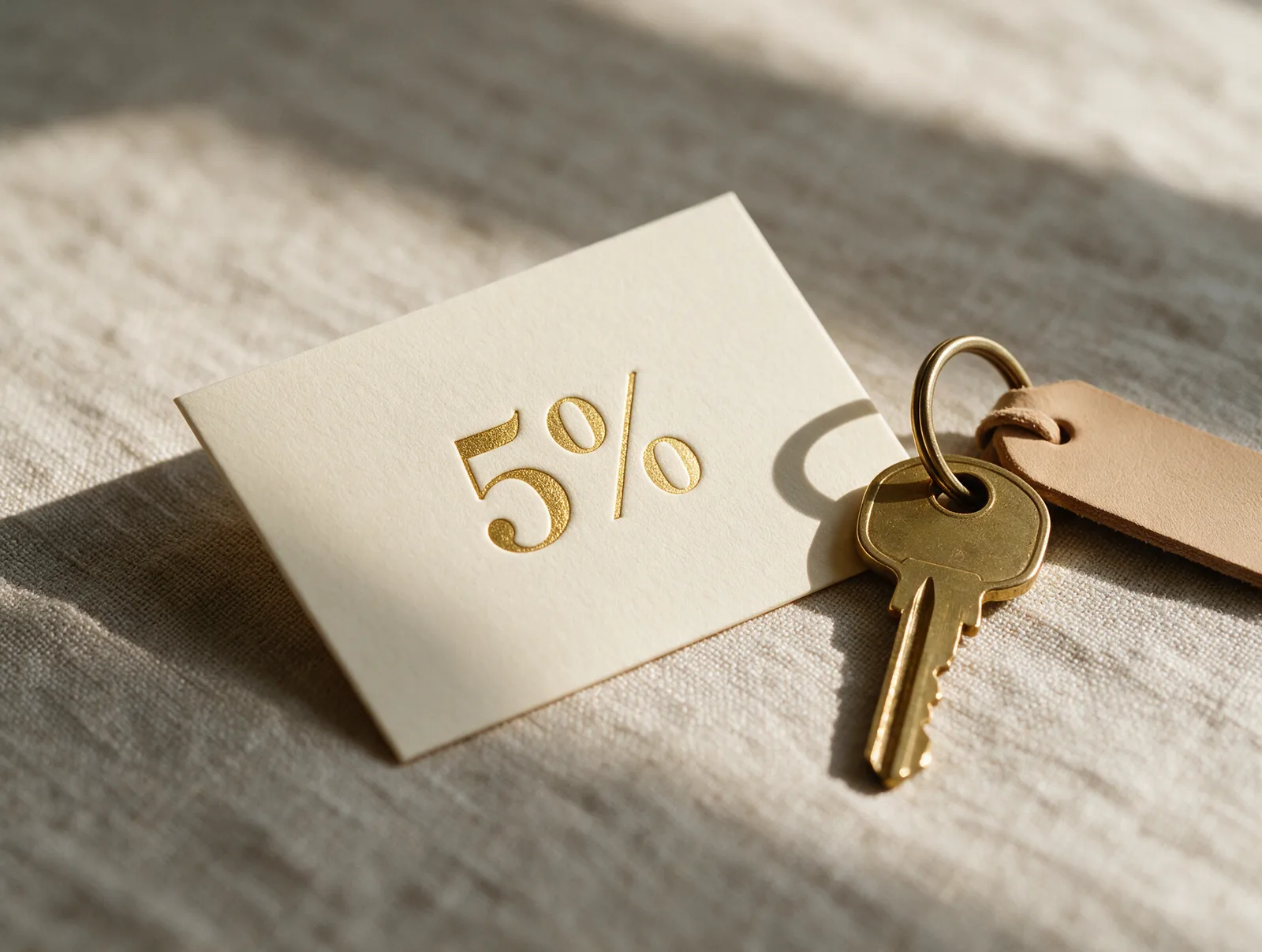 Una tarjeta impresa con un 5% junto a una llave de casa