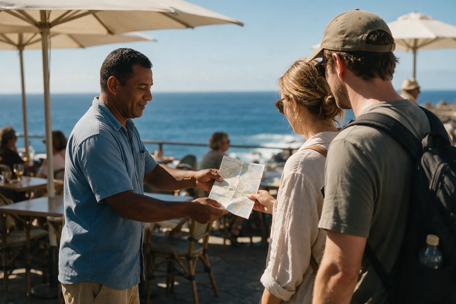 Un guía local entregando un mapa a viajeros en una terraza junto al mar
