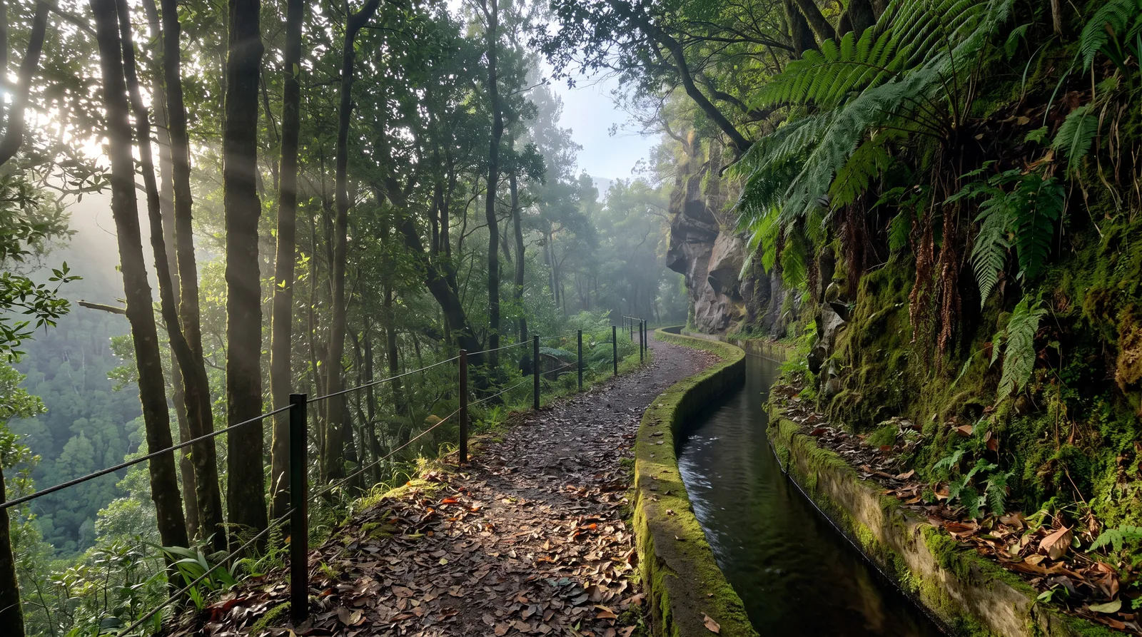 A narrow levada channel and earth path through dense laurel forest