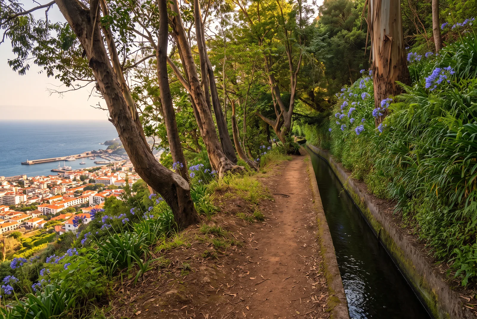 A levada channel and path among eucalyptus, with a town and harbour far below