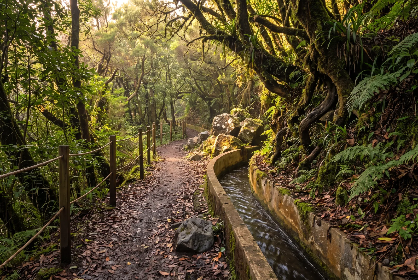A leaf-strewn path beside an open levada channel in misty laurel forest