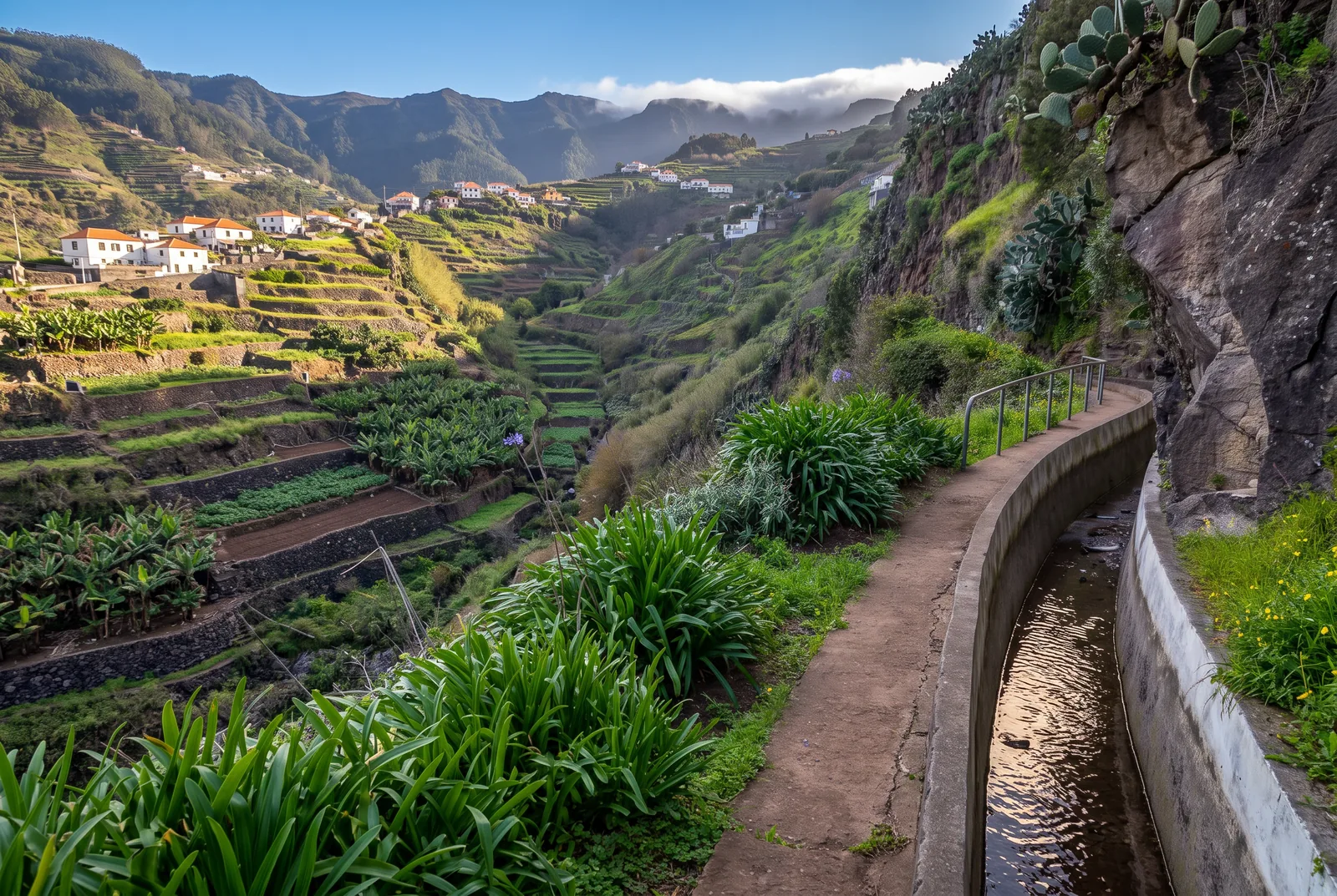 A levada channel cut into a rock face above a terraced valley with banana plots