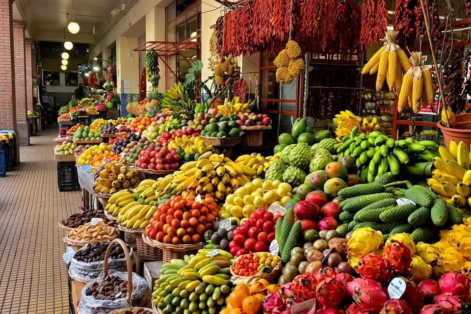 The flower gallery at Mercado dos Lavradores. Weekdays run 07:00 to 19:00, Saturday closes at 14:00, and Sundays and holidays are shut.