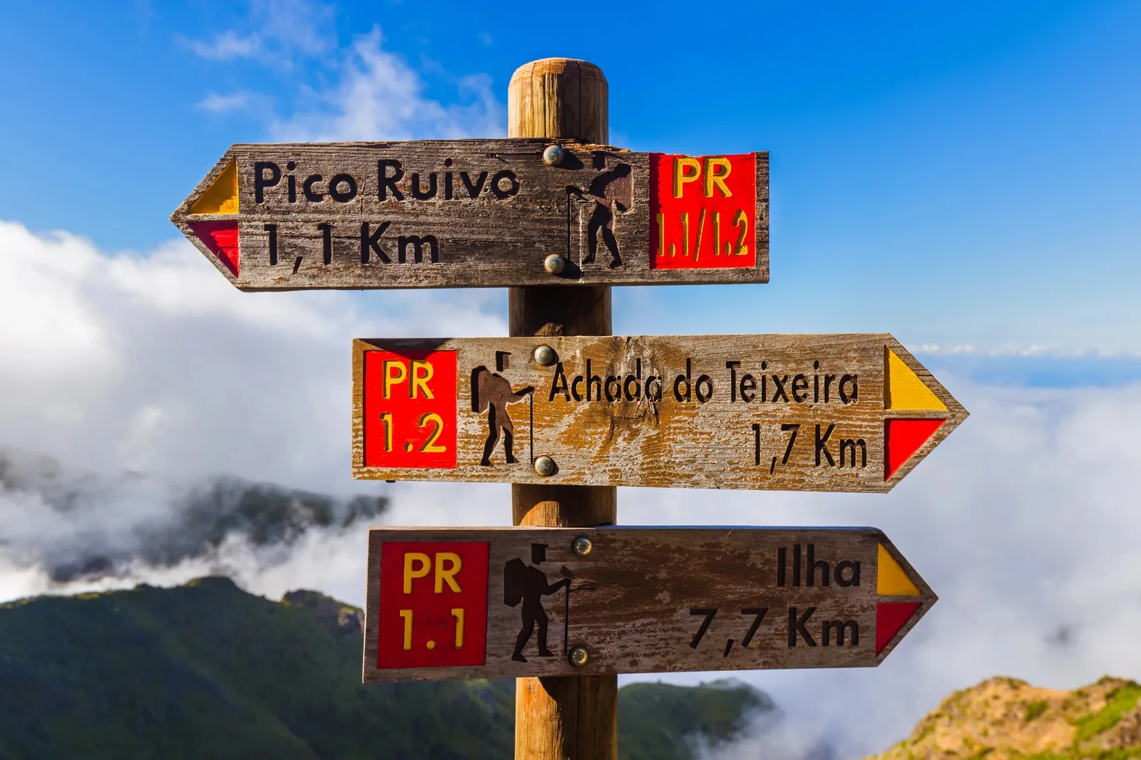 A wooden signpost on a ridge showing PR trail numbers and distances above the clouds