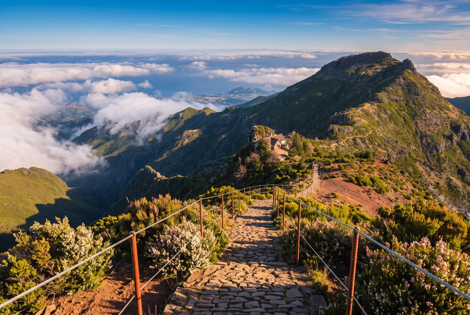 A paved summit path with cable handrails leading along a ridge above a sea of cloud