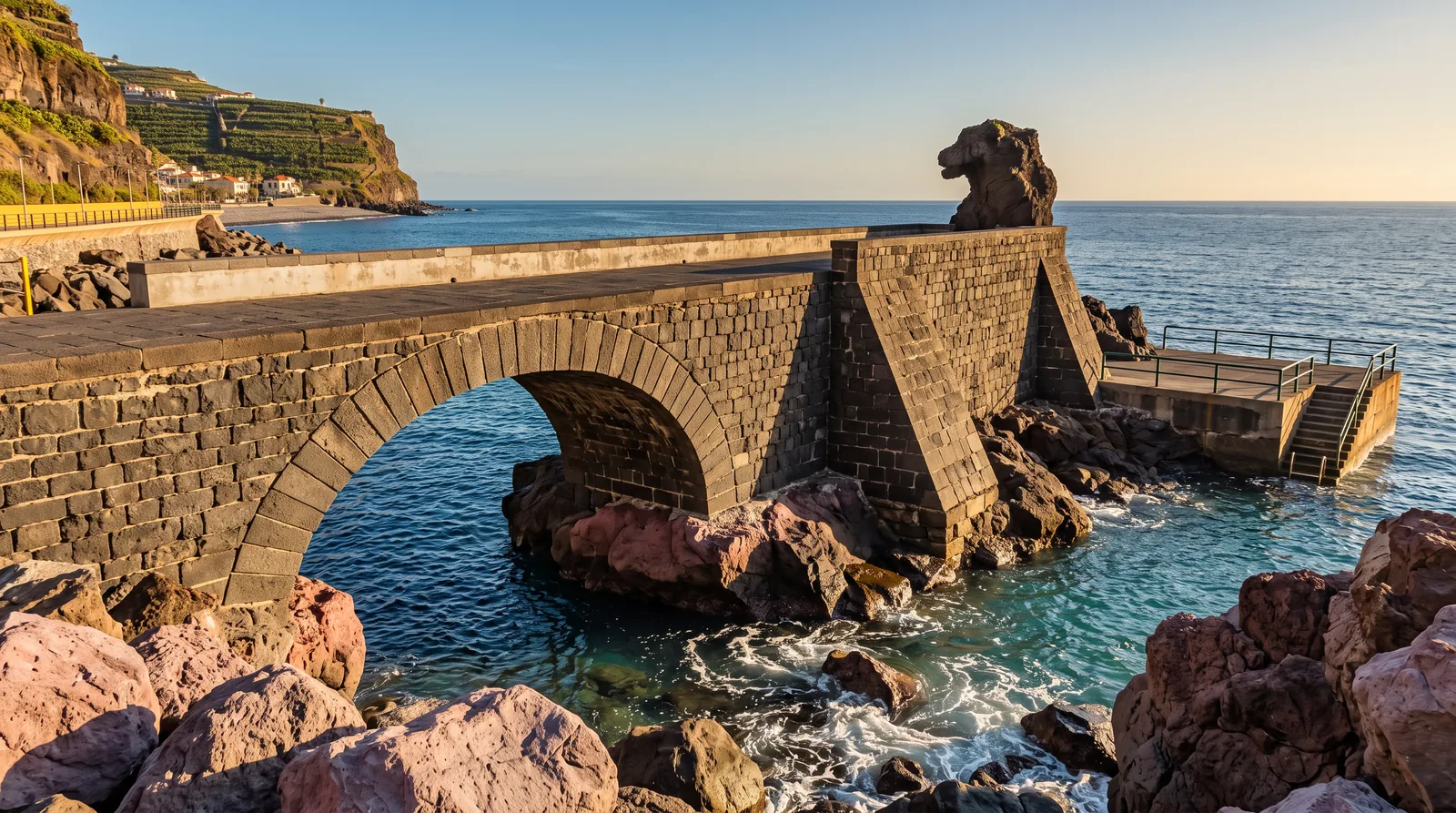 An old stone pier with a single arch over lava rocks at golden hour