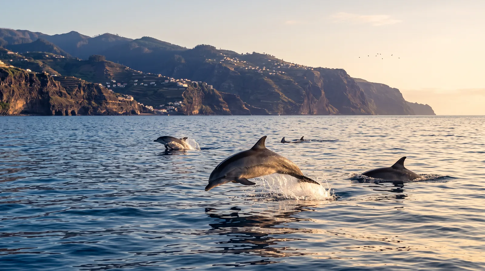 A pod of dolphins at the surface with the south coast of Madeira behind