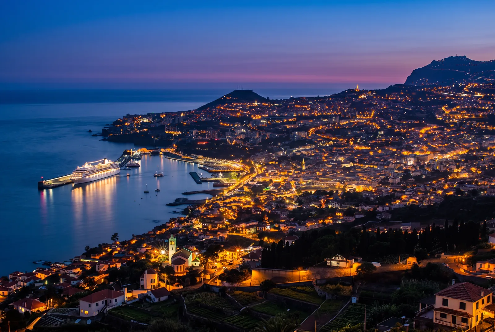 Funchal bay and harbour lit up at blue hour seen from a high viewpoint