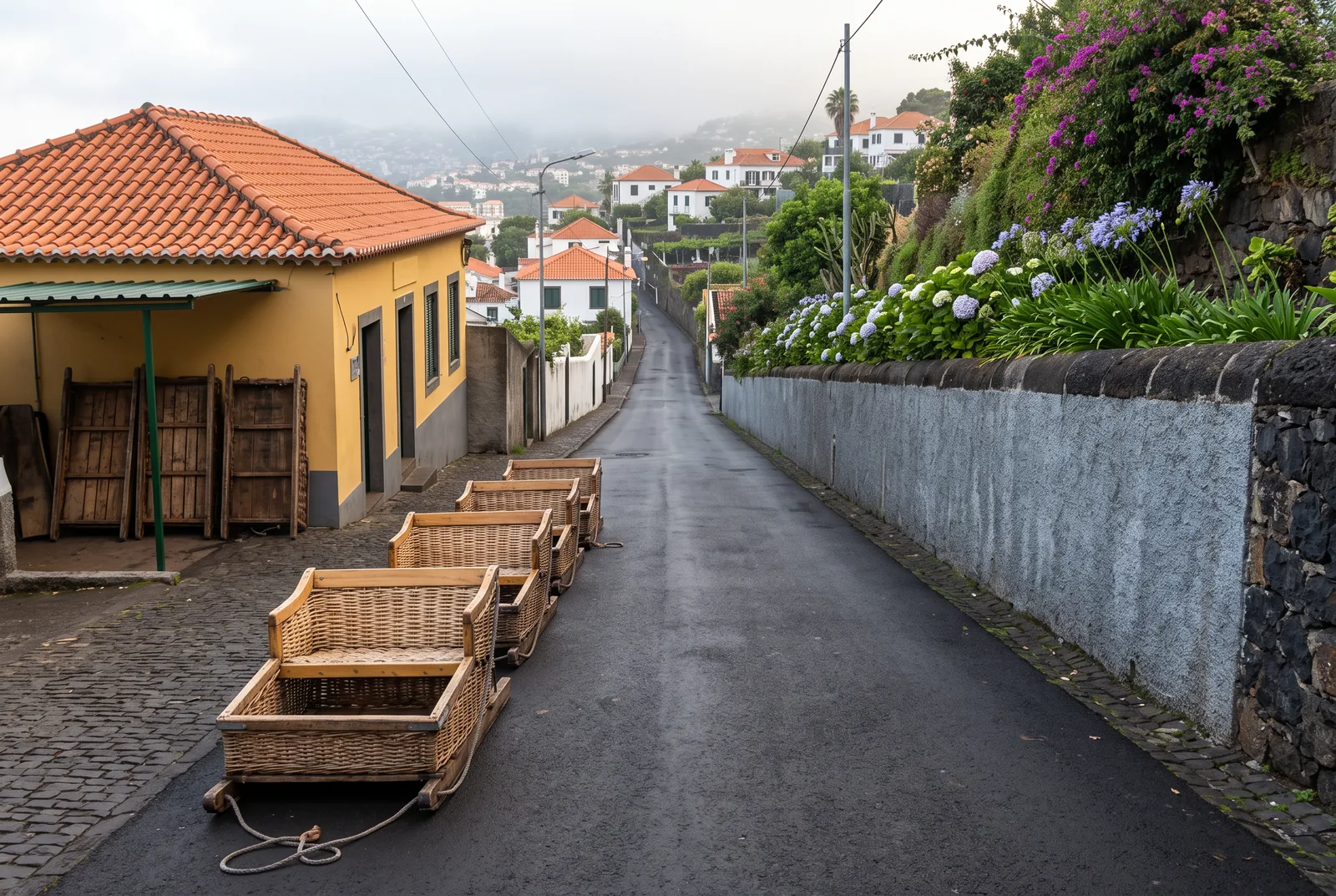 Empty wicker toboggan sledges lined up on a wet street in Monte
