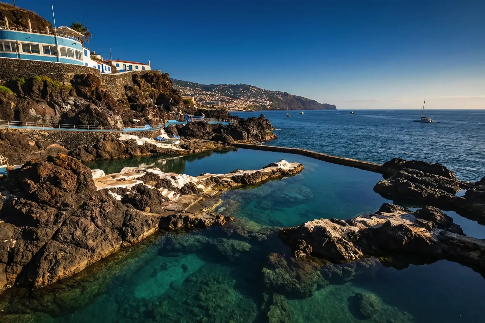 The lava rock pools at Doca do Cavacas with the coast behind