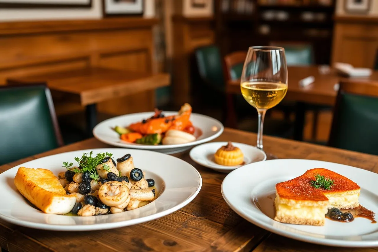 A table set with Madeiran plates and a glass of white wine in a wood panelled dining room