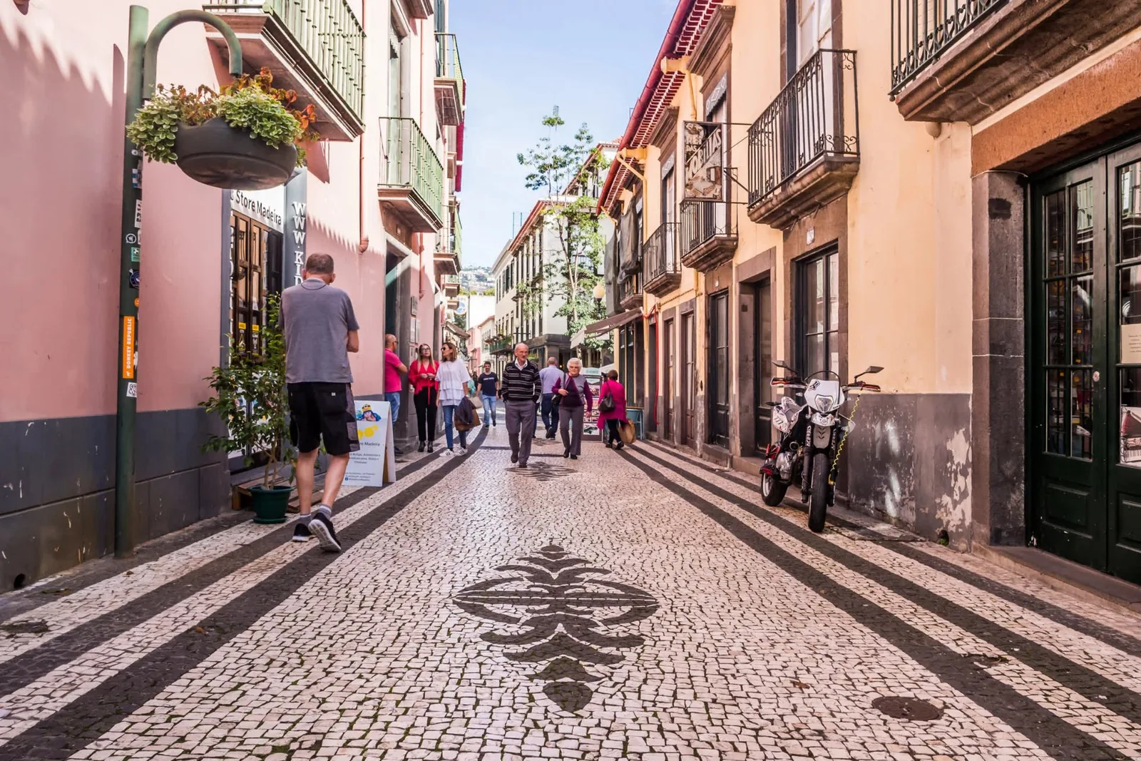 A narrow pedestrian street in Funchal's old town, with painted doorways and black and white calçada