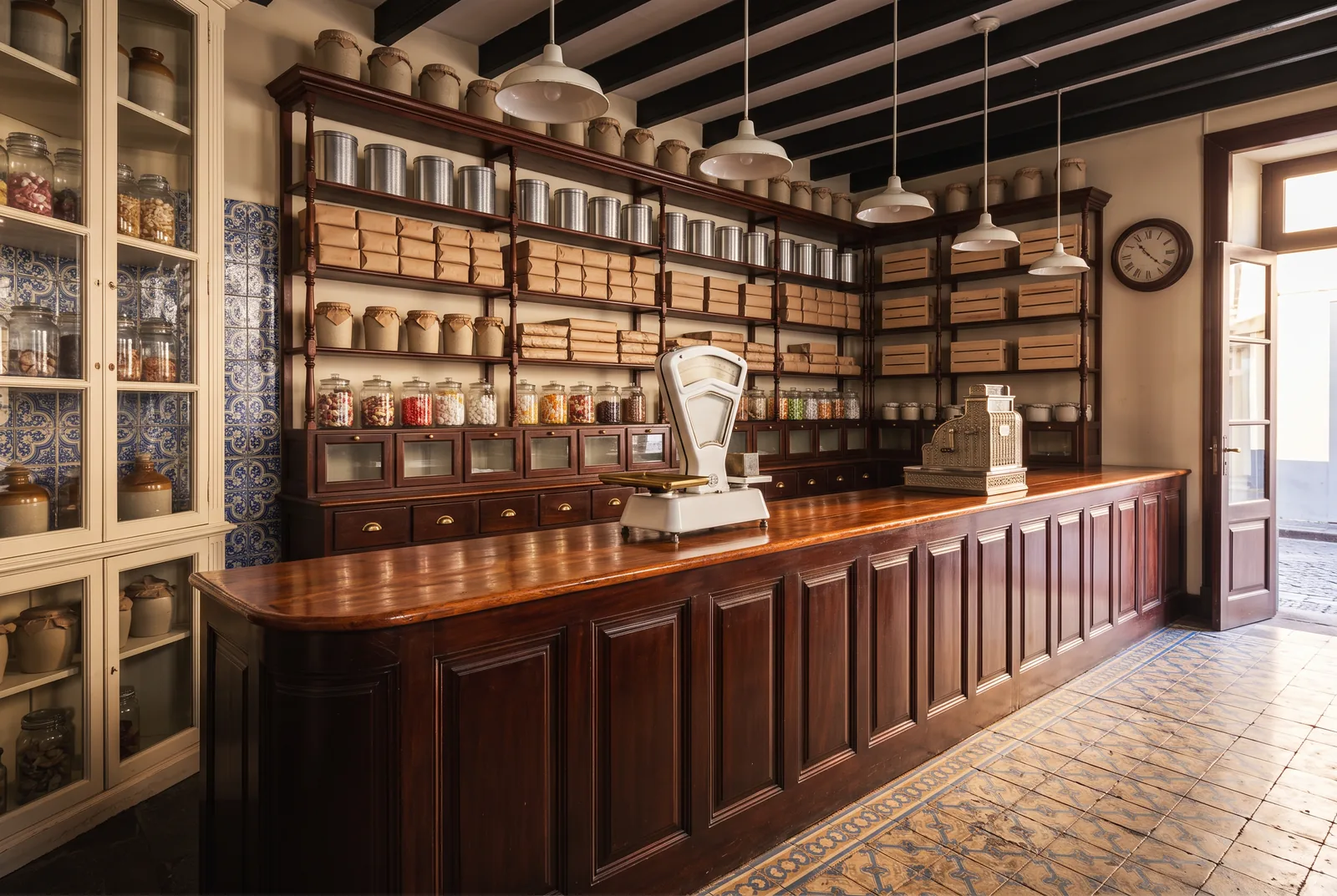The wooden counter and glass cabinets of a 19th century Madeiran confectionery shop before opening