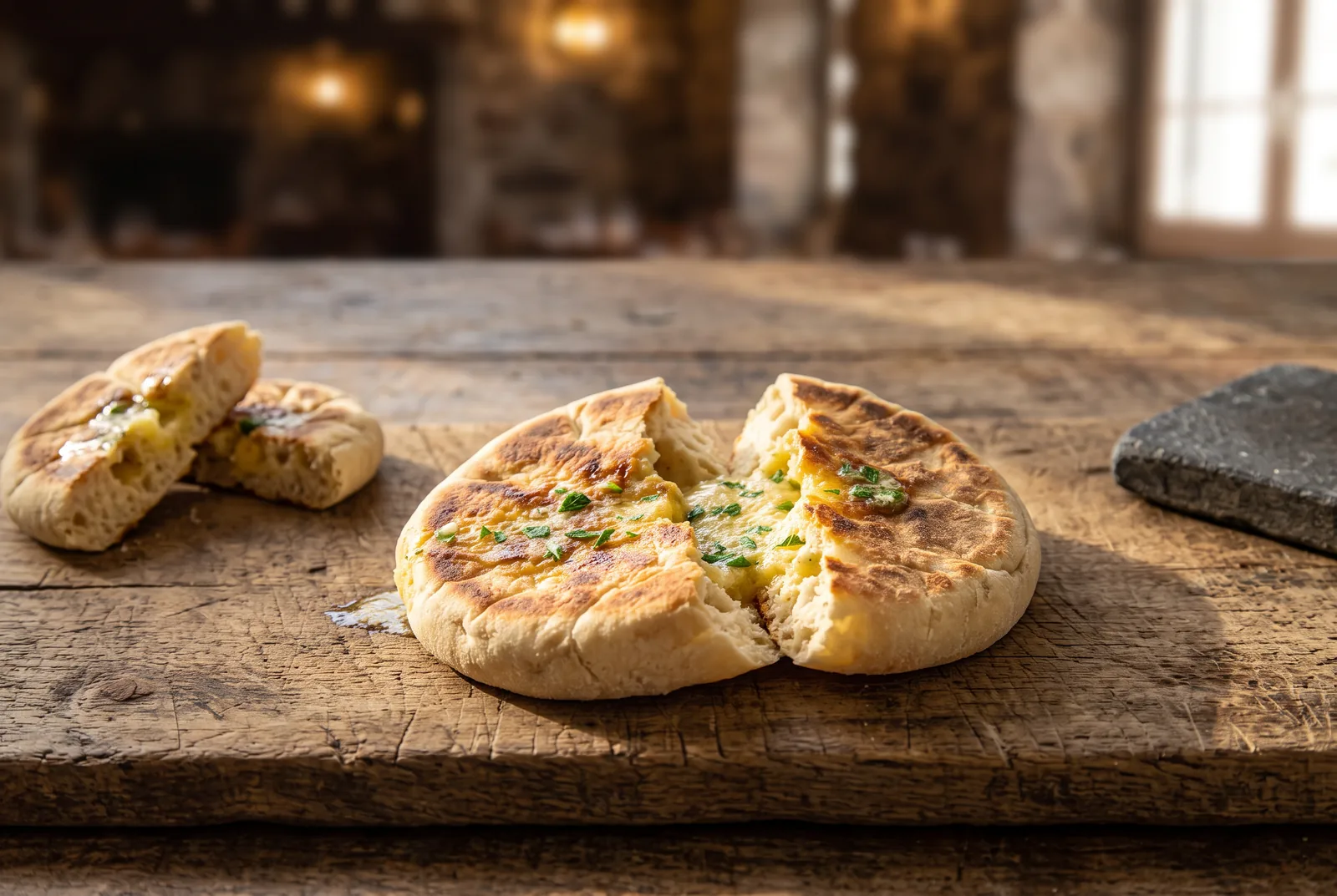 A round bolo do caco split open with melted garlic butter and parsley, on a wooden board beside a basalt stone