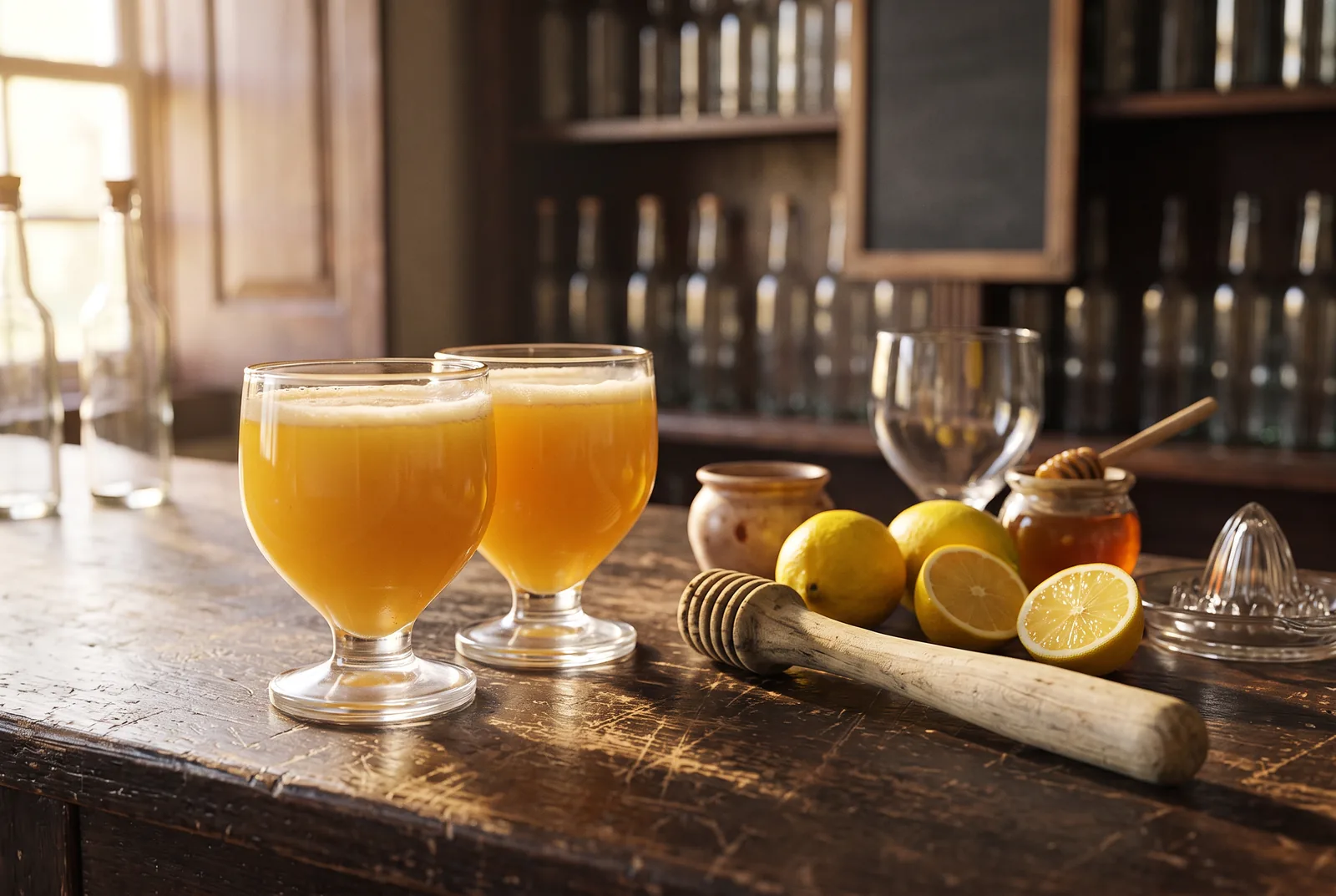 Two glasses of poncha on a worn tavern counter, with the wooden muddler, honey and cut lemons