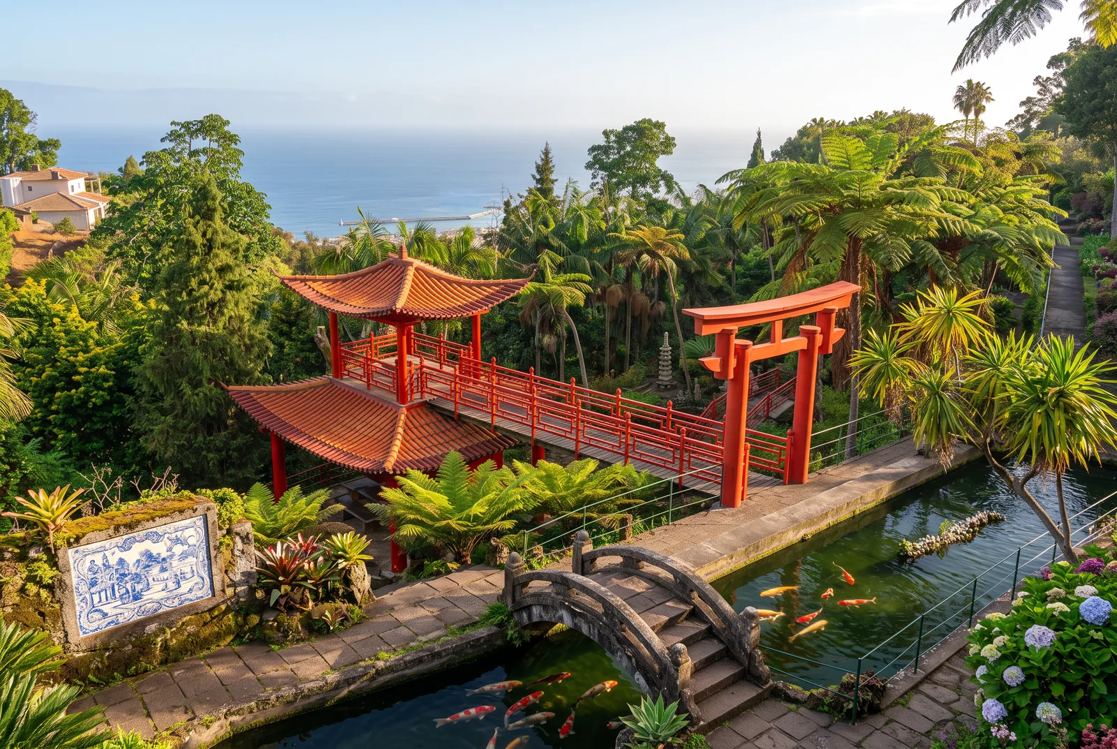 The oriental garden at Monte Palace in Funchal, with the red pagoda and torii, a koi pond and the Atlantic behind