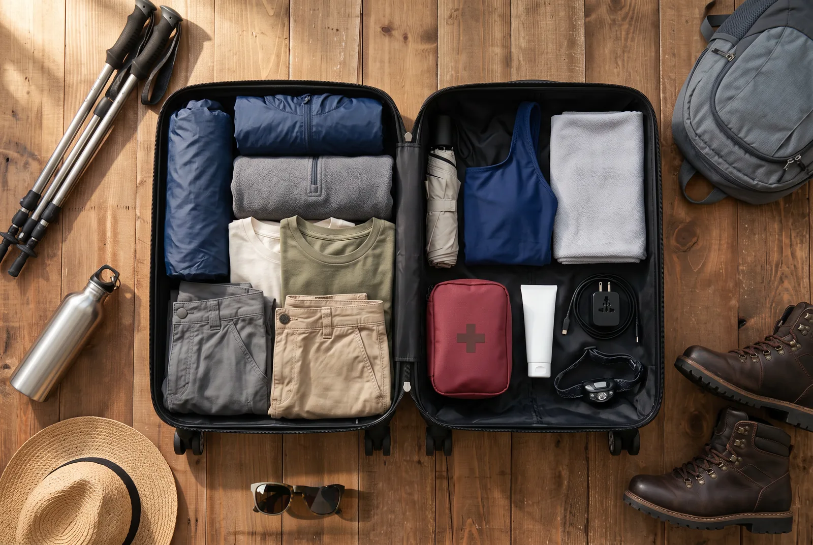 An open cabin suitcase packed for November in Madeira, with a rain jacket, fleece, hiking trousers, swimsuit, boots, poles and a day pack