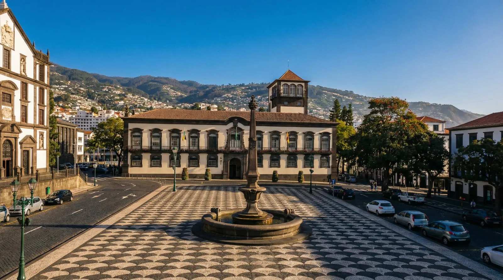The paved square of Praça do Município in Funchal, with its patterned calçada and historic facades