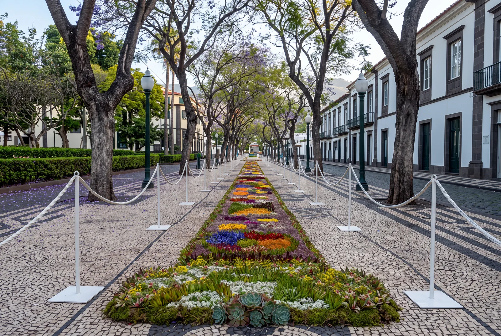 A long floral carpet laid down the central promenade of Avenida Arriaga in Funchal at dawn, under jacarandas in bloom