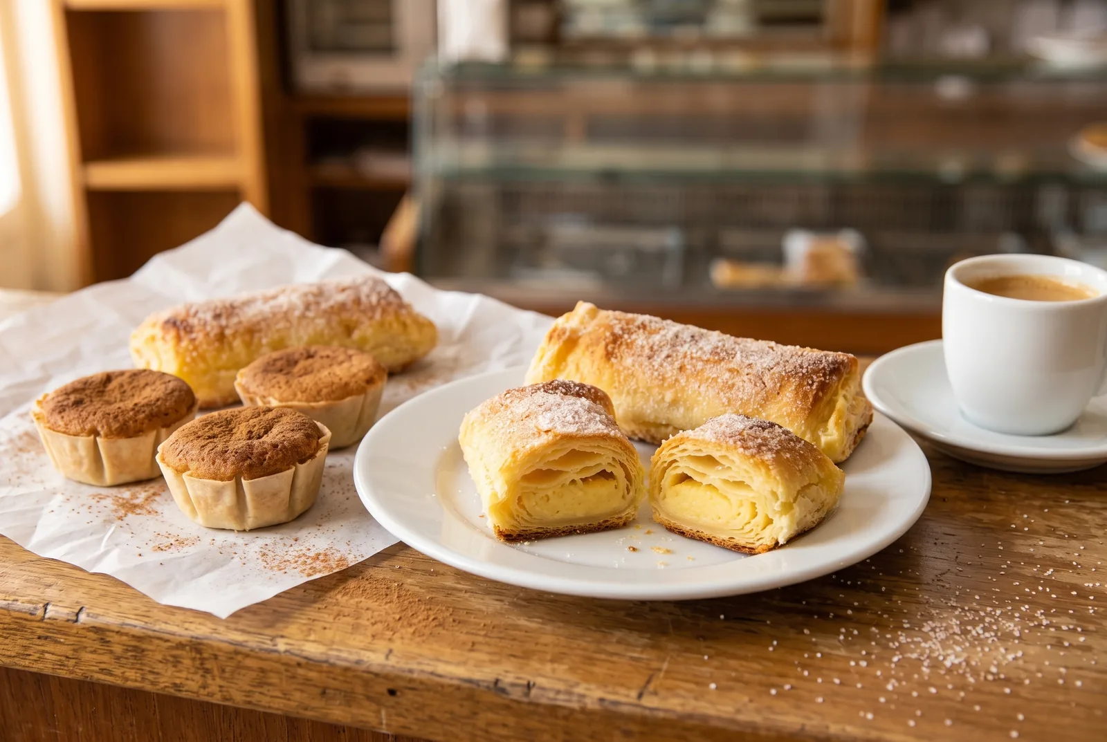 Travesseiros and queijadas de Sintra on a counter, one travesseiro cut to show its custard filling