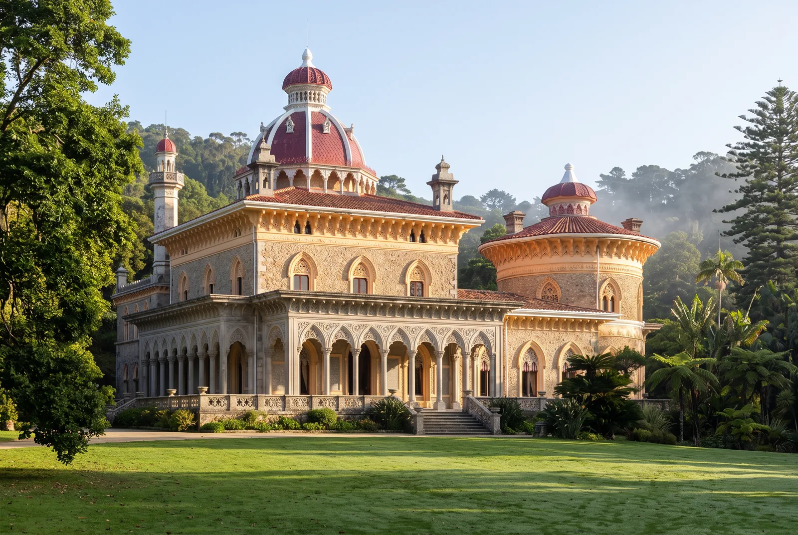 The Monserrate Palace in Sintra at dawn, its domes and filigree arcades above an empty dew covered lawn