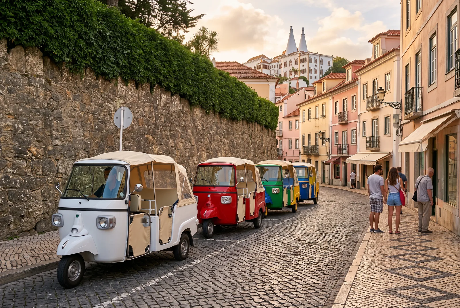 A line of colourful three wheeled tuk-tuks parked on a cobbled street in Sintra, with the National Palace chimneys behind