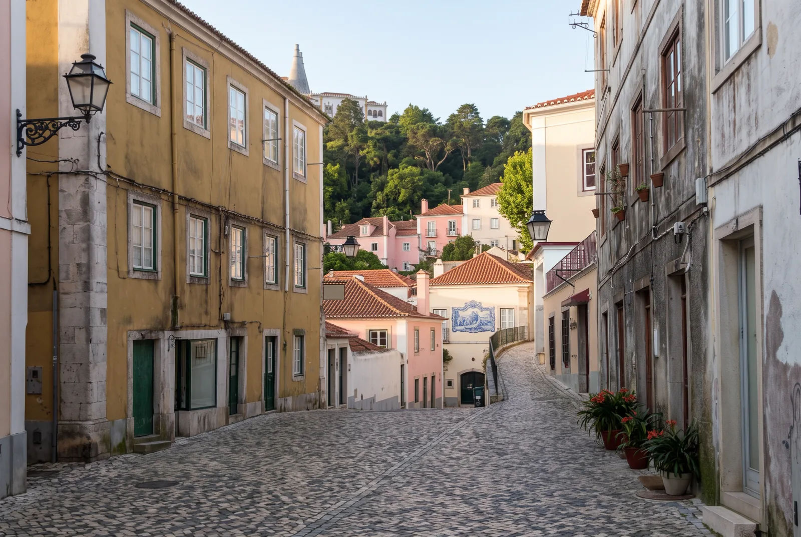 A cobbled lane in Sintra's old town at dawn, with pastel houses, an azulejo panel and the wooded hill above