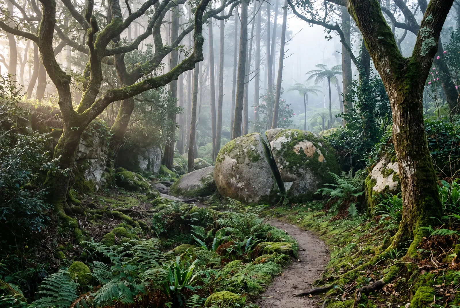 A packed earth path through the Sintra woodland at first light, between mossy granite boulders, ferns and tree ferns in the mist