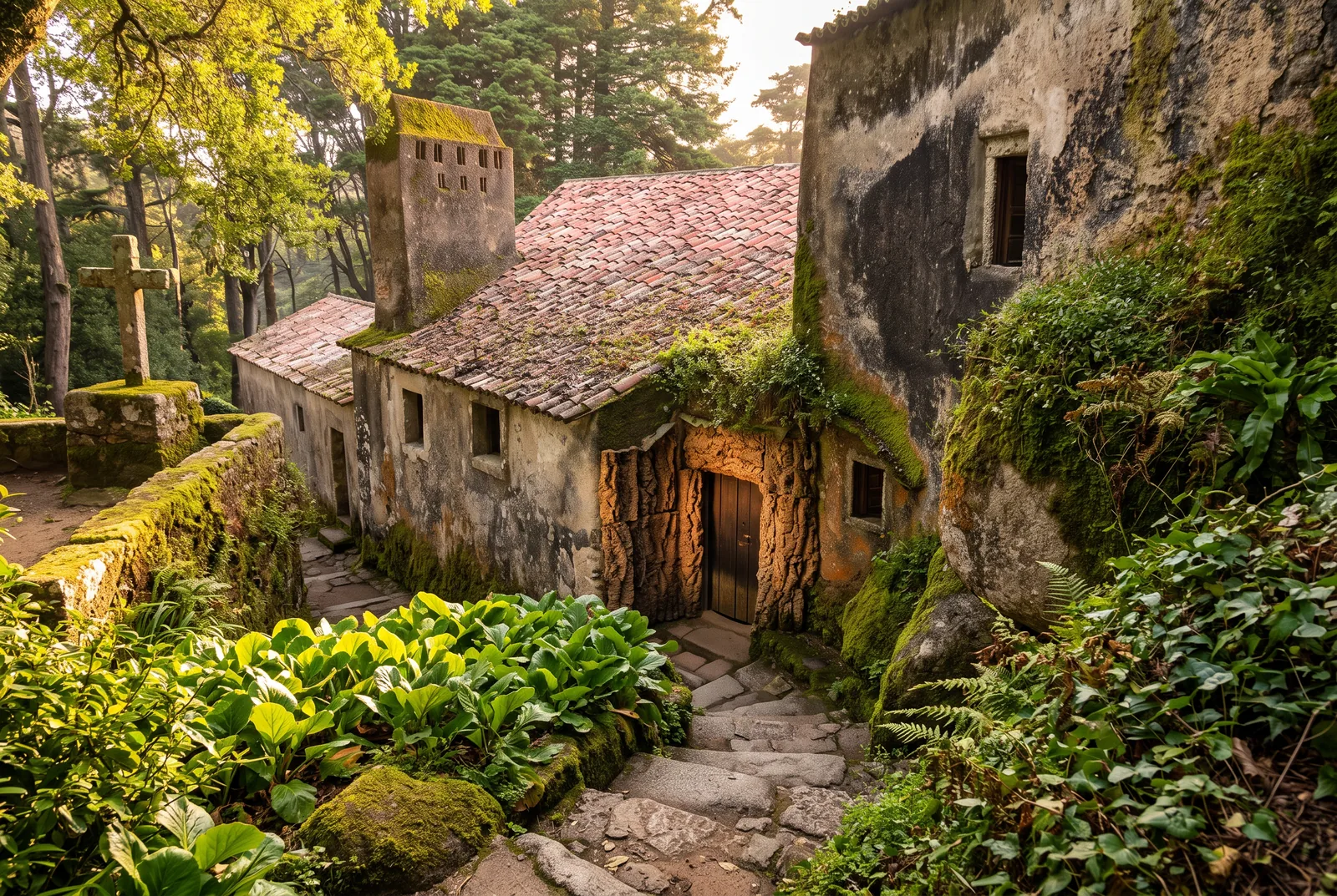 The cork lined doorway of the Convento dos Capuchos at golden hour, with worn granite steps, mossy roofs and a stone cross above