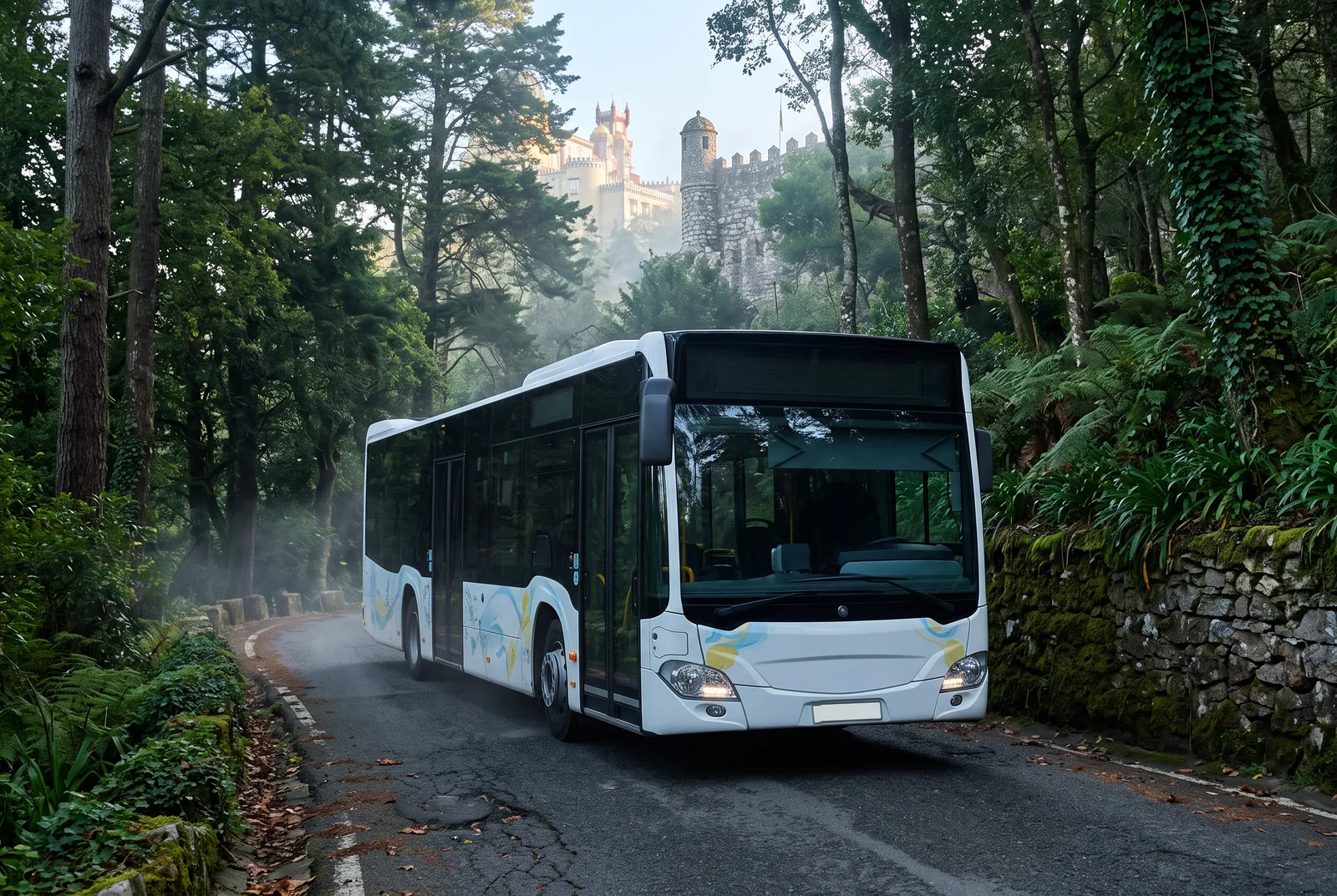 A full size city bus coming round a bend on the narrow forest road of the Serra de Sintra, with the castle and palace above