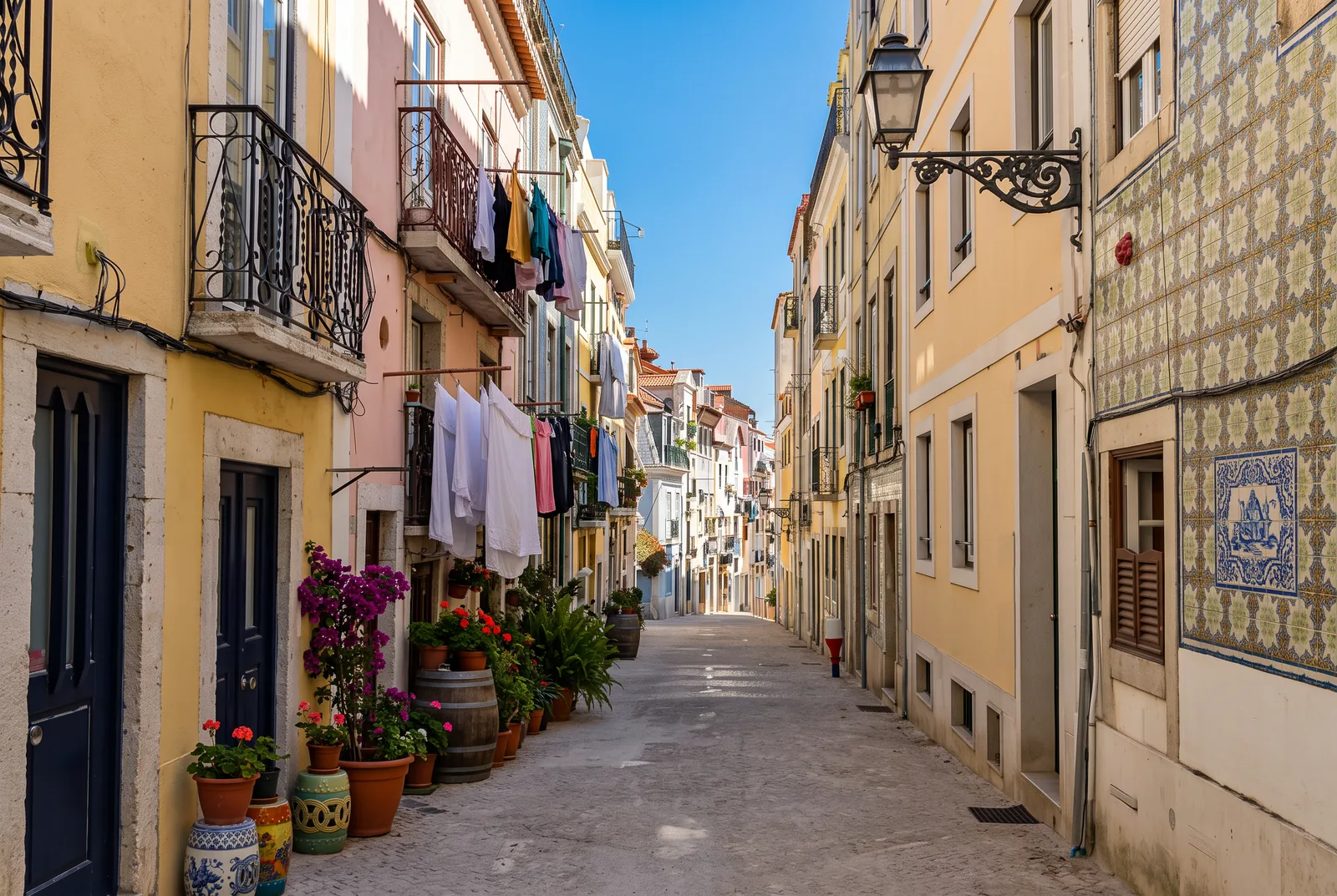A narrow Madragoa street in Lisbon with pastel houses, washing hung out to dry, potted geraniums and a tiled facade
