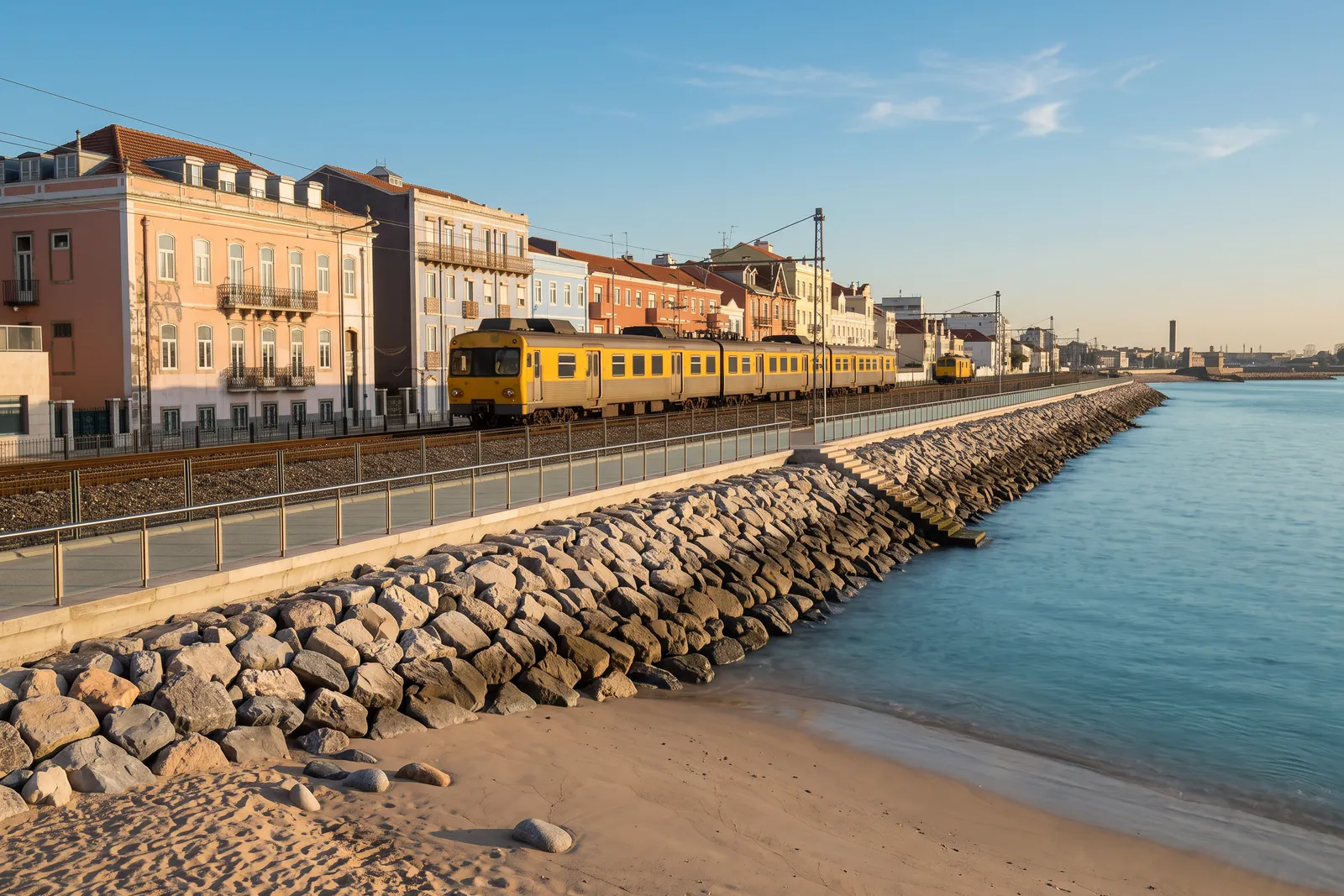 A suburban train running along the seafront on the Cascais line, with the estuary alongside