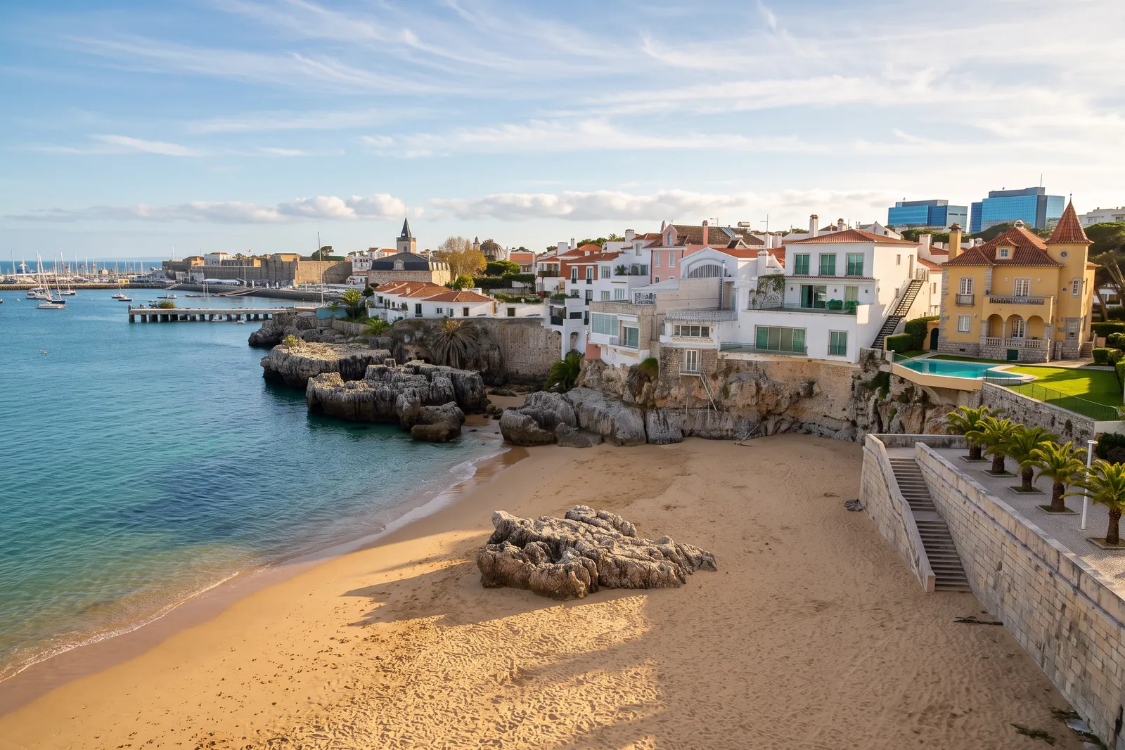 Praia da Rainha, a small sand cove wedged between rocks below the houses of Cascais
