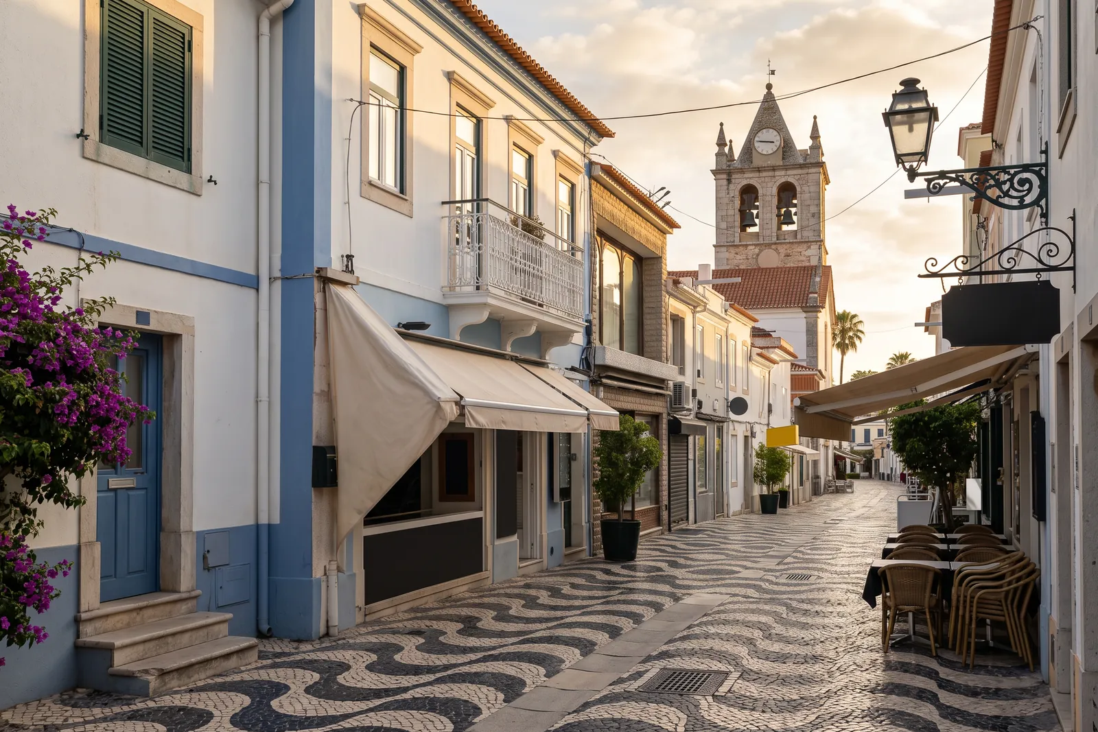 A pedestrian street of the Cascais old town paved in wave-patterned calcada