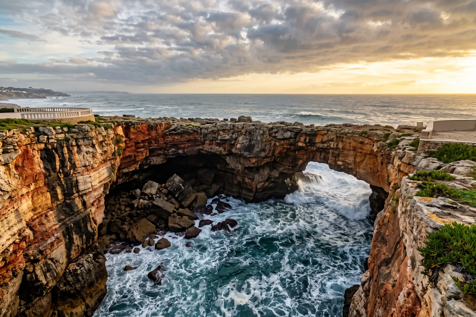 The Boca do Inferno chasm and rock arch with the Atlantic breaking inside it