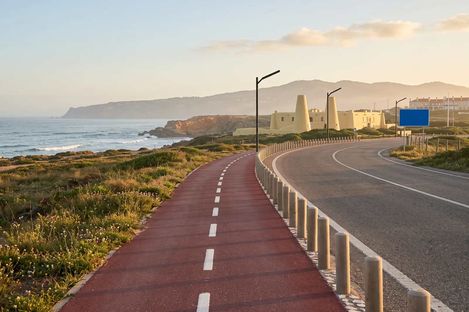 The red coastal cycle path running beside the road towards Guincho