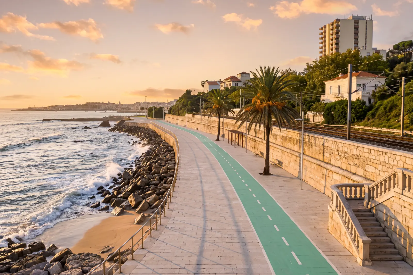 The paredao promenade between Cascais and Estoril, with the railway alongside