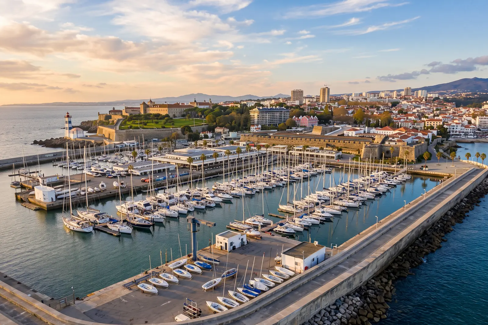 Cascais marina with yachts at the pontoons and the Cidadela behind
