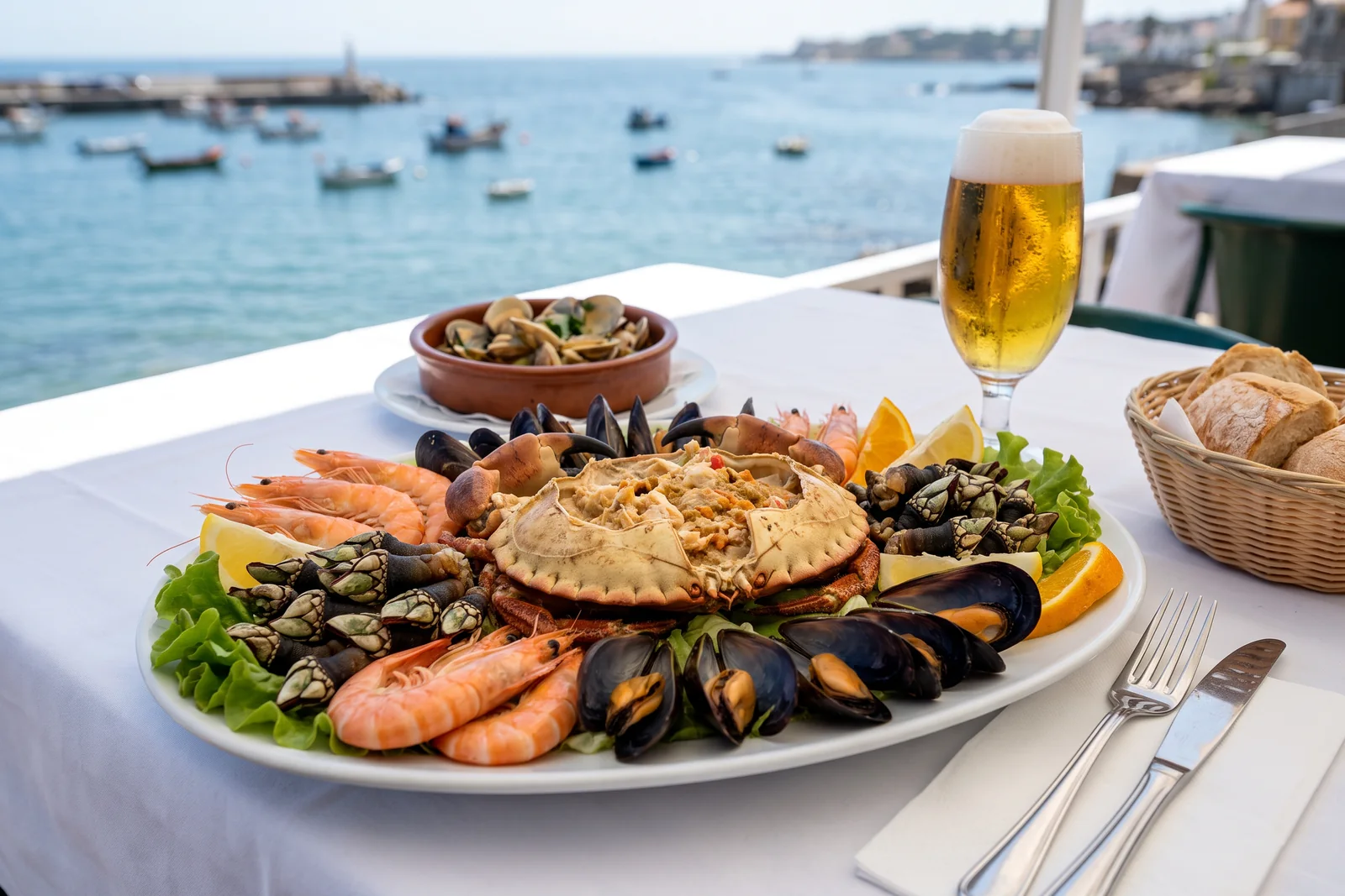 A platter of Portuguese shellfish on a seaside terrace table in Cascais
