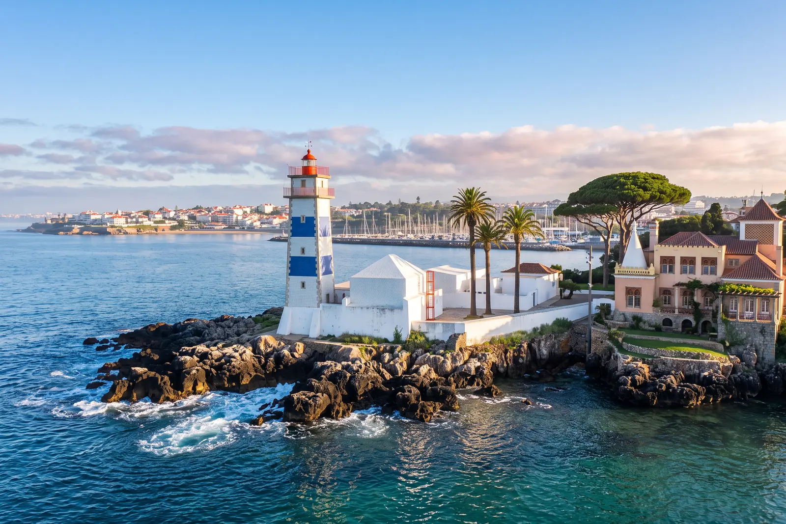The blue and white striped Santa Marta lighthouse on its rocky point