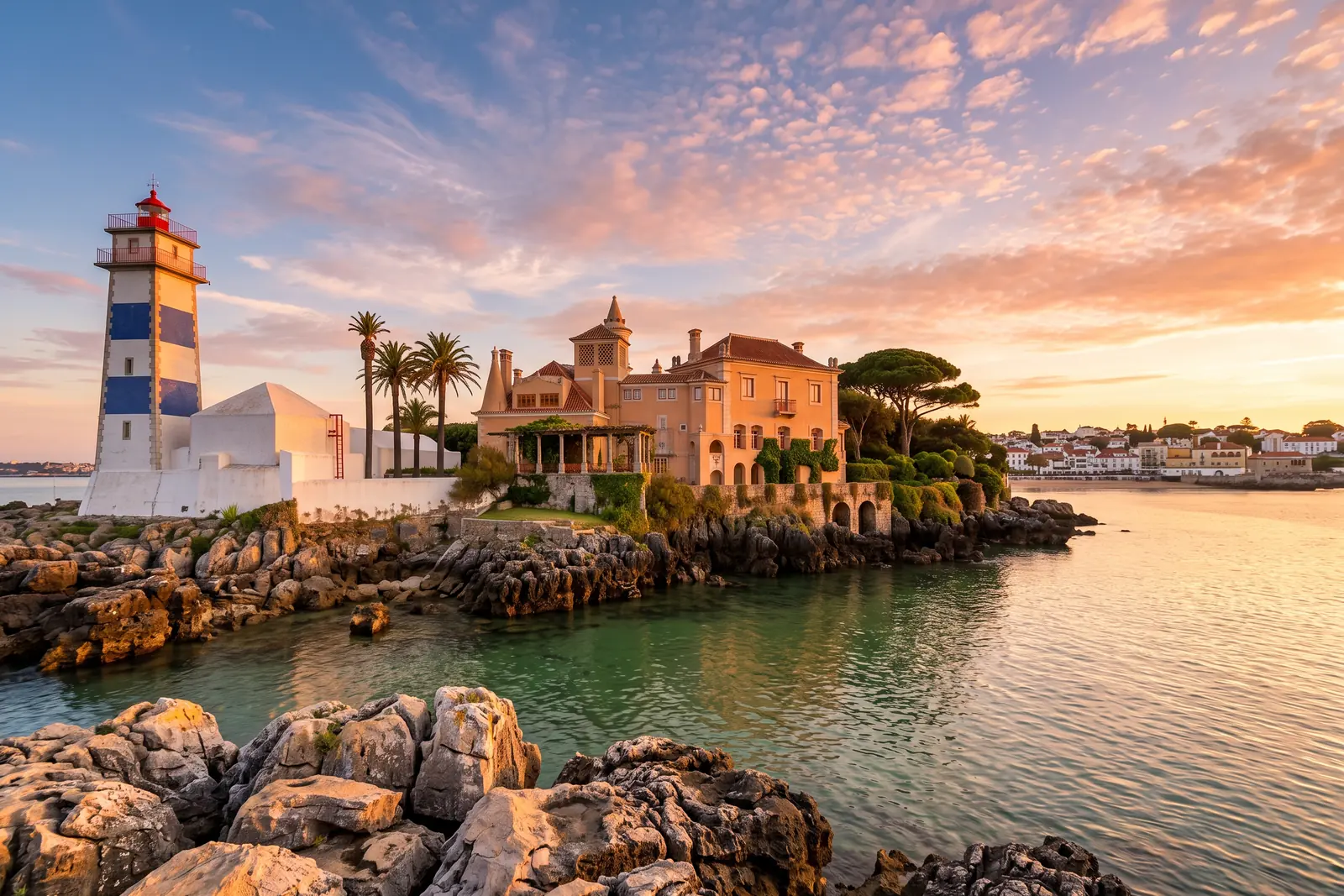 Sunset over Casa de Santa Maria and the Santa Marta lighthouse in Cascais