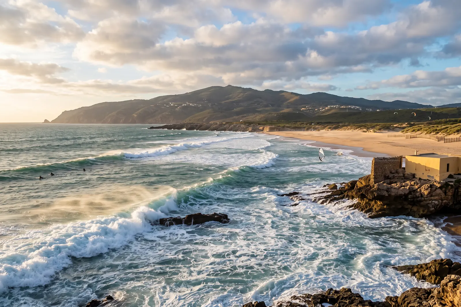 Surfers in the water at Praia do Guincho under a windy late afternoon sky, with the Serra de Sintra behind