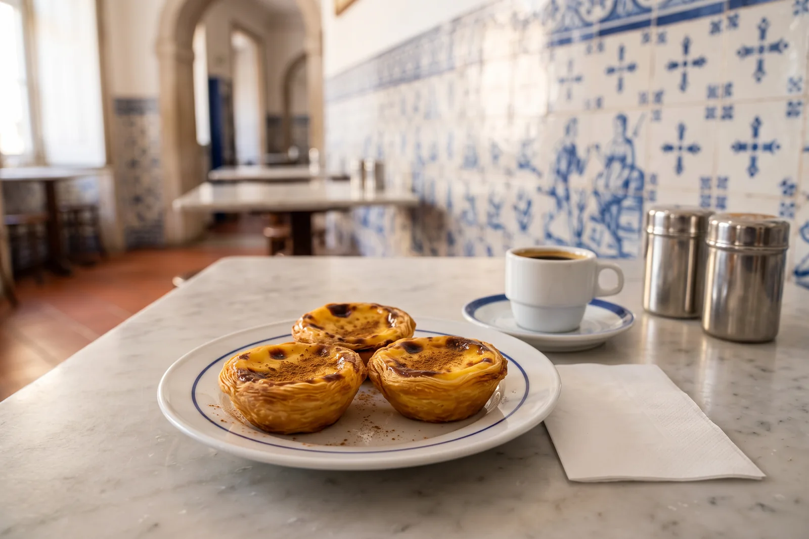 Three pastéis de nata on a blue-rimmed plate on a marble table at Pastéis de Belém, the tiled room out of focus behind