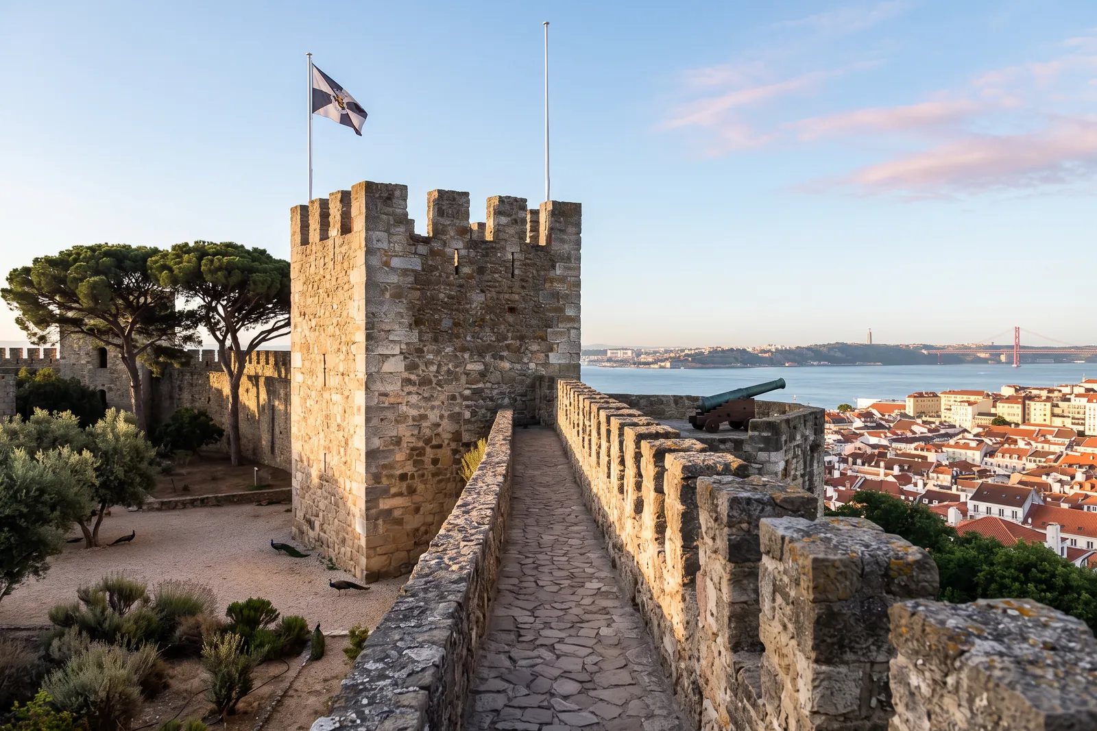 The wall-walk of Castelo de São Jorge at sunrise, a square tower on the left and the rooftops of the Baixa below