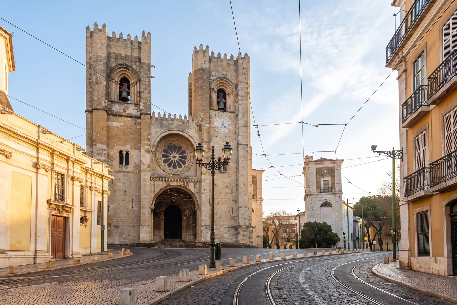 The Romanesque front of the Sé de Lisboa with its two crenellated towers, tram rails curving across the empty square