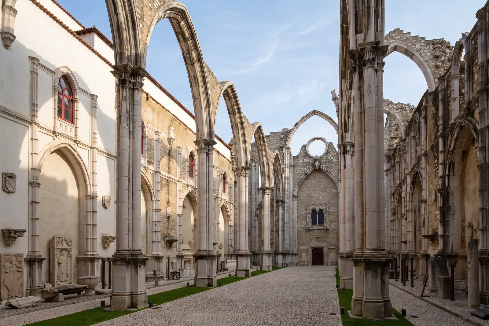 The roofless Gothic nave of the Convento do Carmo, its broken arches open to the morning sky